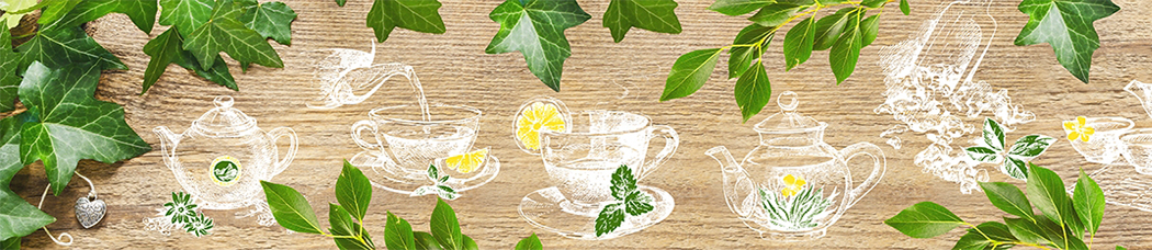 Скинали для кухни - рисованный, графика, дерево, листья, чай, чайник, лимон, лимоны, фон дерева, мята, сердце, сердца, карандашом