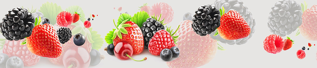 Скинали для кухни - фрукты, ягоды, на сером фоне, отражение, ежевика, малина, черника, клубника, ассорти, вишня