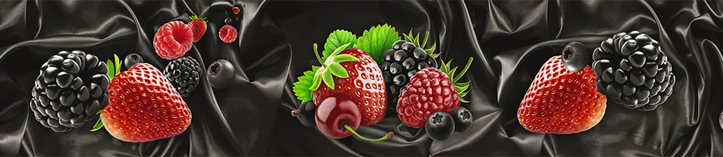 Скинали для кухни - черный фон, ягоды, шелк, ткань, складки, клубника, ежевика, малина, вишня