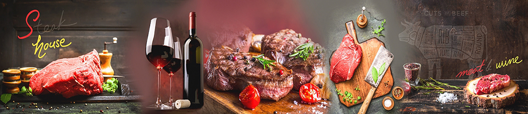 Скинали для кухни - мясо, вино, красное вино, бокал, бокалы, бутылка, бутылки, доска, соль, steak house, тесак, сырое мясо, стейк, приправы, схема коровы, пробка