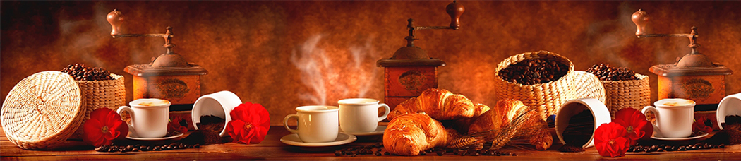 Скинали для кухни - кофе, аромат, чашки, дерево, доски, зерна кофе, кофейные зерна, кофейный, кофемолка, чашка, кружки, кружка, круассан, круасан, цветы, корзина, корзинка, корзинки, корзины, коричневый фон