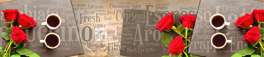 Скинали для кухни - irish cream, розы, красные цветы, кофе, вид сверху, градиент, надписи, слова, текст
