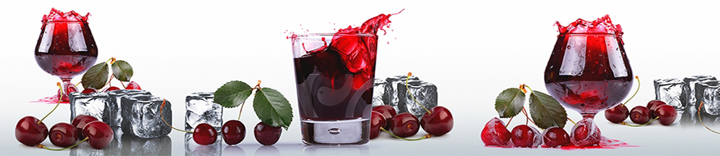 Скинали для кухни - вишни, вишня, вишневый, лед, кубики льда, градиент, фужер, морс, сок, стакан, бокал, бокалы, листья