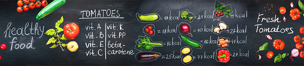 Скинали для кухни - доска, мелом, калории, овощи, healthy food, перец, огурец, кабачок, килокалории, помидор, сельдерей, патиссон, цуккини, редис, картофель, грибы, брокколи, лук, красный лук, томаты, надписи, слова, вилка