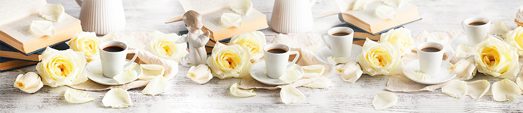 Скинали для кухни - дерево, кофе, розы, книги, чашка, чашки, кружки, кружка, лепестки, пирожное, фигурка ангела, ангелок, ангел