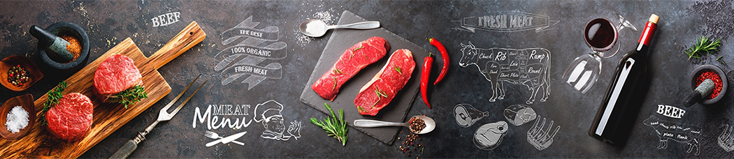 Скинали для кухни - мясо, вино, красное вино, бокал, бокалы, бутылка, бутылки, доска, соль, сырое мясо, мелом, menu, приправы, ступка, розмарин, вилка, рисунок мелом