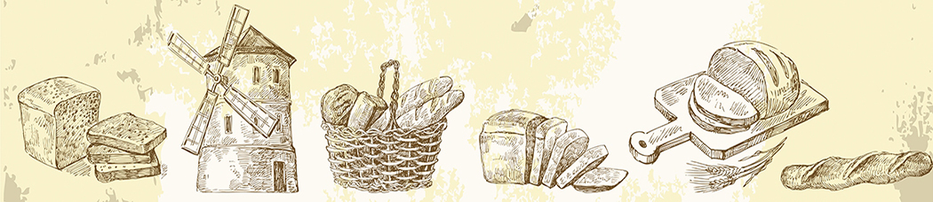 Скинали для кухни - штукатурка, рисунок карандашом, штриховой рисунок, рисованный, мельница, хлеб, корзина, корзинка, корзинки, корзины, нарезанный, булка, батон, прованс, багет