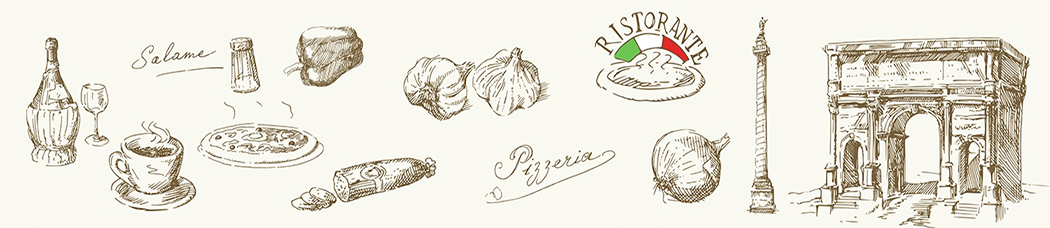 Скинали для кухни - серый фон, рисунок карандашом, штриховой рисунок, рисованный, арка, ristorante, salami, вино, италия, лук, пицца, чеснок, перец, аромат, кофе