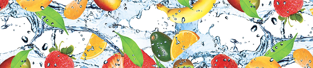 Скинали для кухни - фрукты, банан, авокадо, клубника, мандарин, апельсин, апельсины, в воде, вода, капли, брызги, всплеск, малина