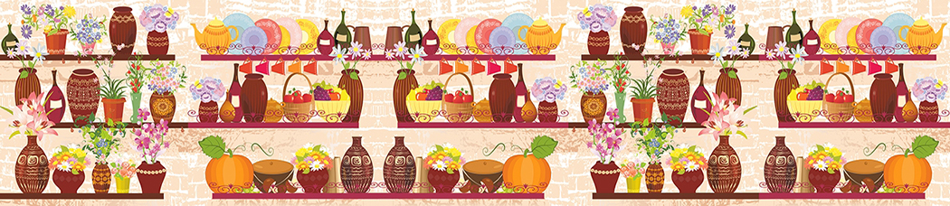 Скинали для кухни - сиреневый, голубой, рисованный, графика, вектор, тыква, кувшин, цветы, ваза, корзина, корзинка, корзинки, корзины, кружки, розовый, полки