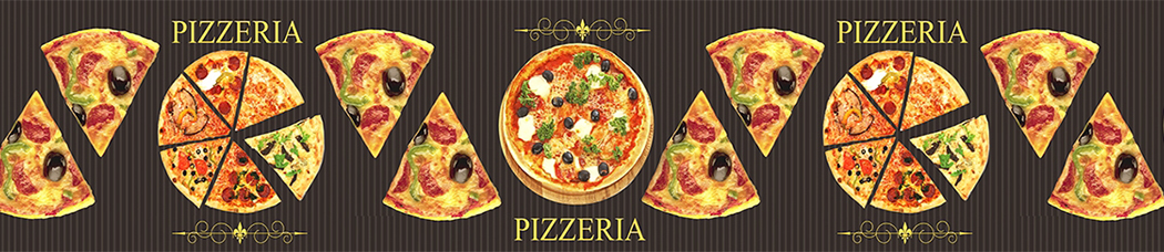 Скинали для кухни - пицца, pizzeria, серый фон, маргарита, оливки, маслины, полоски, вертикальные, вензеля, куски, треугольник