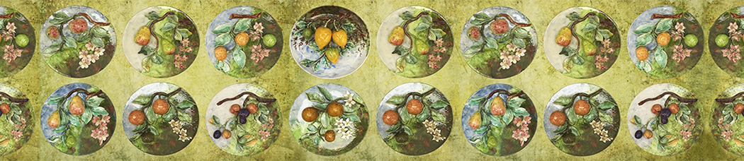 Скинали для кухни - живопись, тарелки, фрукты, ветки, груши, акварель, рисованный, болотный, круги, круглые, персики, яблоки