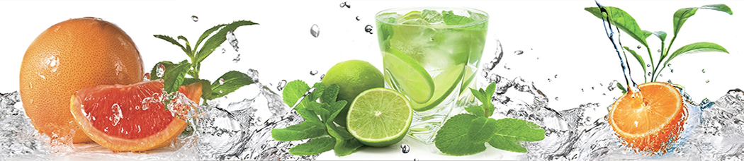 Скинали для кухни - белый фон, фрукты, вода, в воде, брызги, капли, всплеск, струя, грейпфрут, лайм, стакан, мохито, мята, кубики льда, лед, мандарин, листья