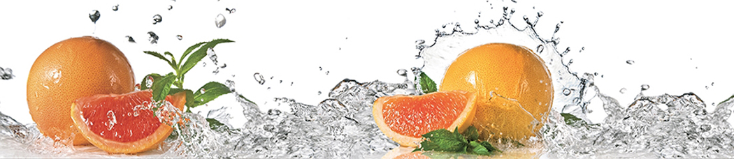 Скинали для кухни - белый фон, вода, в воде, брызги, всплеск, капли, струя, фрукты, грейпфрут
