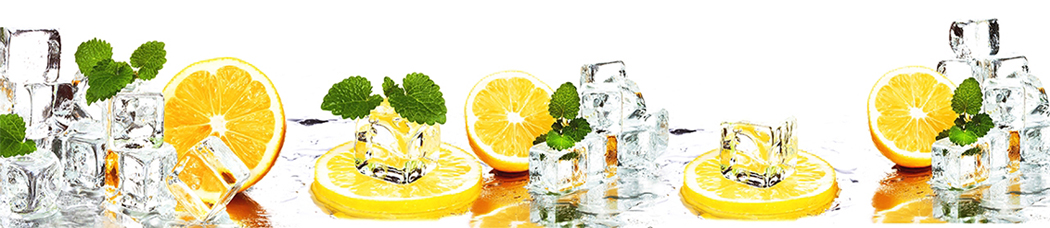 Скинали для кухни - белый фон, фрукты, вода, в воде, капли, апельсины, апельсин, лимон, лимоны, лед, кубики льда, отражение, листья, мята
