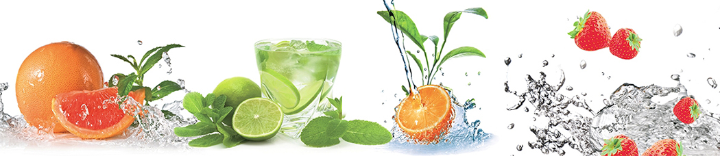 Скинали для кухни - белый фон, фрукты, вода, в воде, брызги, всплеск, капли, грейпфрут, мохито, коктейль, лайм, стакан, мята, апельсин, апельсины, мандарин, ягоды, клубника, кокос