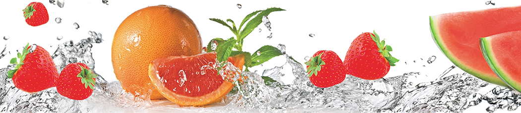 Скинали для кухни - белый фон, фрукты, вода, в воде, брызги, капли, всплеск, арбуз, лайм, ягоды, клубника, грейпфрут