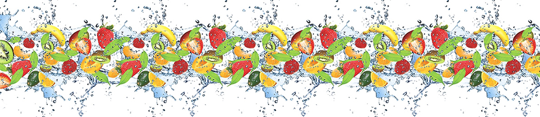 Скинали для кухни - белый фон, вода, в воде, брызги, капли, всплеск, фрукты, киви, ягоды, клубника, банан, абрикос, апельсин, апельсины, авокадо, листья