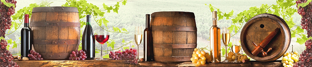 Скинали для кухни - панорама, перспектива, поле, бочка, бочки, бутылка, бутылки, бокал, бокалы, натюрморт, виноград, лоза, белое вино, деревянный, виноградник, пробка, листья