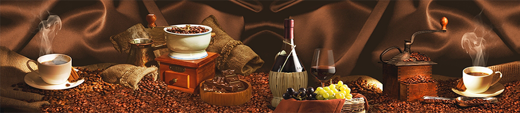 Скинали для кухни - кофе, аромат, зерна кофе, кофейные зерна, кофейный, шелк, коричневый фон, складки, мешок, мешковина, чашка, чашки, кружки, кружка, кьянти, вино, красное вино, бокал, бокалы, бутылка, бутылки, виноград, натюрморт