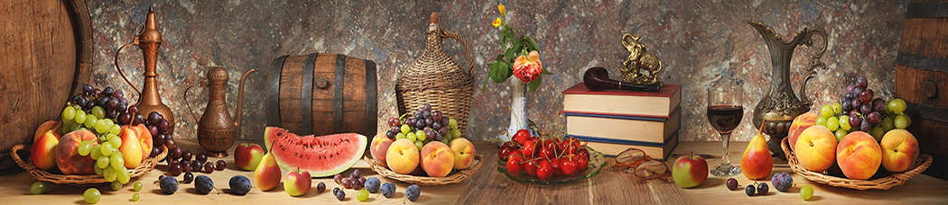 Скинали для кухни - натюрморт, бочка, бочки, кувшин, арбуз, ваза, цветы, персик, персики, виноград, груша, груши, сливы, слива, вишни, вишня, вишневый, очки, книги, статуэтка, слон, яблоко, яблоки, бокал, бокалы, вино, красное вино, стена, стол, деревянный, трубка, курительная