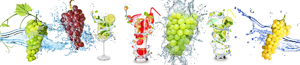 Скинали для кухни - белый фон, вода, в воде, брызги, капли, виноград, коктейль, напитки, всплеск, струя, коктейли, мохито, стакан, бокал