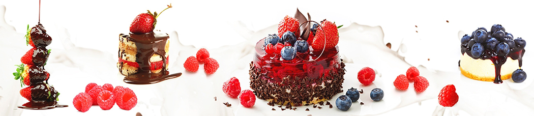 Скинали для кухни - белый фон, десерт, сладости, торт, пирожное, ягоды, шоколад, желе, клубника, малина, черника, листья, мята, кольцо, шоколадная стружка, варенье джем, шоколадный