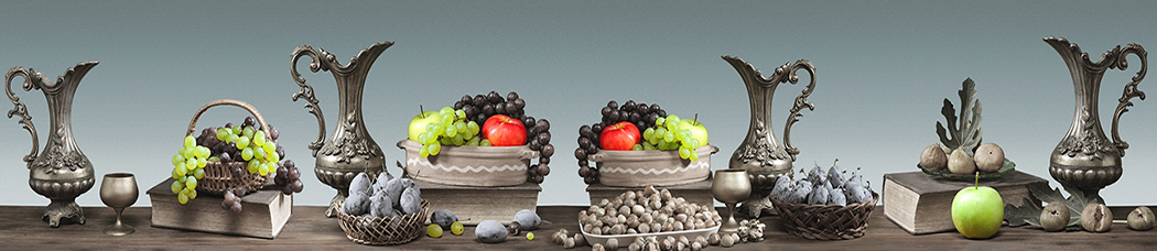 Скинали для кухни - натюрморт, кувшин, графин, фрукты, книги, книга, деревянный, стол, серо-голубой, голубой, виноград, яблоко, яблоки, сливы, орехи, рюмка, стопка, медный