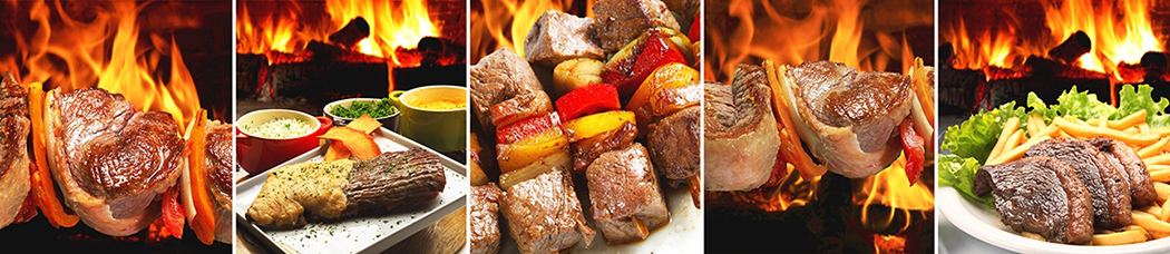 Скинали для кухни - сегменты, мясо, огонь, шашлык, барбекю, стейк, картофель фри