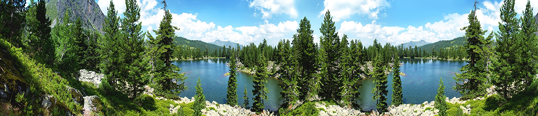 Скинали для кухни - панорама, перспектива, гора, горы, пейзаж, озеро, река, лес, хвойный, елки, ели, скалы, берег, камни, деревья, зелень, растительность, небо, облака