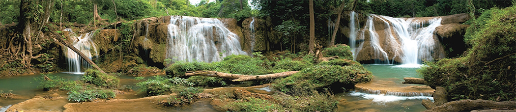 Скинали для кухни - панорама, перспектива, водопады, водопад, тропики, джунгли, зелень, растительность, лес, тропический, камни, деревья, пороги, река