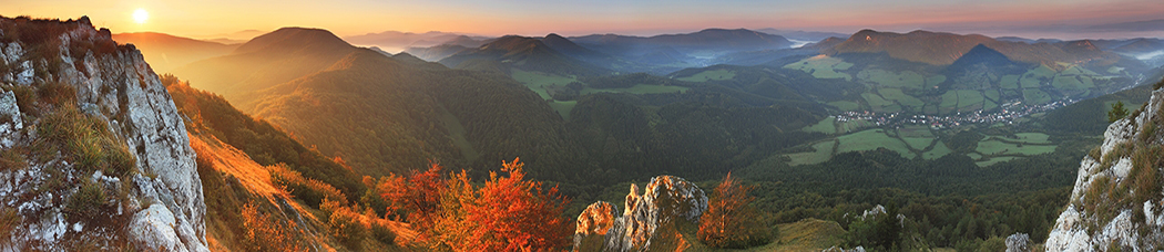 Скинали для кухни - панорама, перспектива, гора, горы, пейзаж, лес, хвойный, елки, ели, скалы, берег, деревья, зелень, растительность, закат, солнце, небо, облака, луг, осень, пожелтевшие