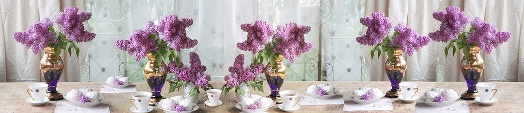 Скинали для кухни - серый фон, фиолетовые цветы, сирень, ваза, вазы, чашка, чашки, кружки, кружка, блюдце, зефир, десерт, чай, букет