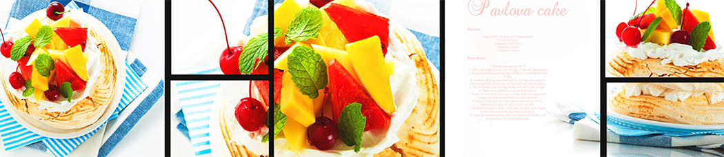 Скинали для кухни - белый фон, сегменты, фрукты, салат, ягоды, листья, мята, pavlova cake, рецепт, слова, текст, надписи, павлова, павловой, десерт, пирожное, вишни, вишня, вишневый, салфетки, взбитые сливки, заварной крем