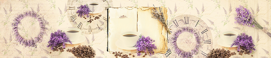 Скинали для кухни - часы, циферблат, фиолетовые цветы, лаванда, сушеные цветы, кофе, зерна кофе, кофейные зерна, кофейный, чашка, чашки, кружки, кружка, блюдце, книга, венок