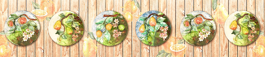 Скинали для кухни - деревянные, деревянные доски, доски, вертикальные, круги, круглые, панно, живопись, рисованный, апельсин, апельсины, груши, акварель, груша, картины