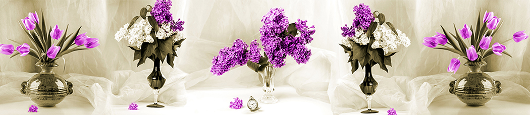 Сепия, фиолетовые цветы, сирень, тюльпаны, букет