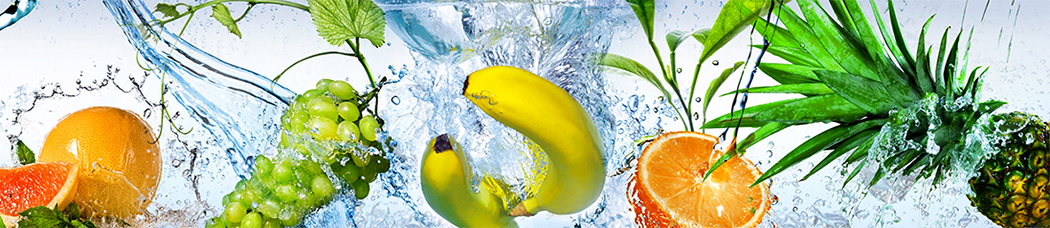 Скинали для кухни - голубой, фрукты, синий фон, вода, в воде, капли, брызги, всплеск, пузыри, пузырьки, грейпфрут, лайм, виноград, банан, апельсин, апельсины, мандарин, ананас