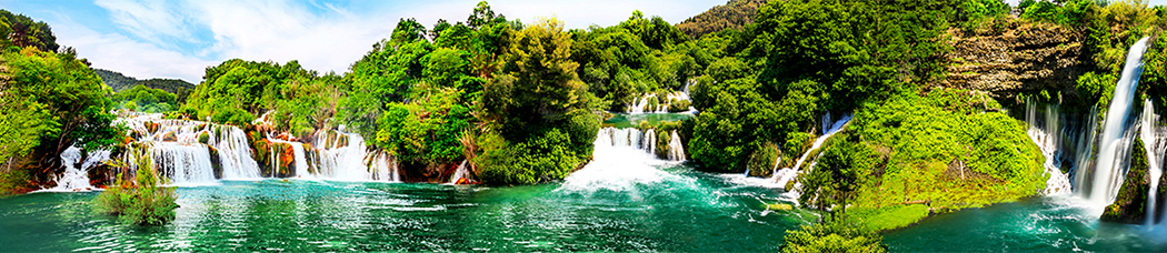 Скинали для кухни - панорама, перспектива, водопад, водопады, бирюзовый, зелень, растительность, тропики, джунгли, вода, отражение, радуга, голубой, небо, облака